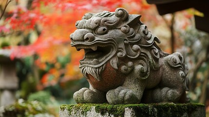 Stone lion statue in a Japanese garden, with autumn leaves in the background.