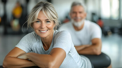 Obraz premium A smiling woman and a man in a fitness environment.