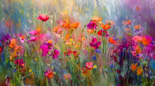 A vibrant, impressionistic painting of wildflowers swaying in the breeze, with a mix of bold colors and textures creating a sense of movement and life. 8k UHD, suitable for high-quality printing 