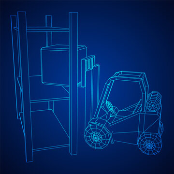 Forklift Loader lift truck in warehouse near rack. Wireframe low poly mesh vector illustration.