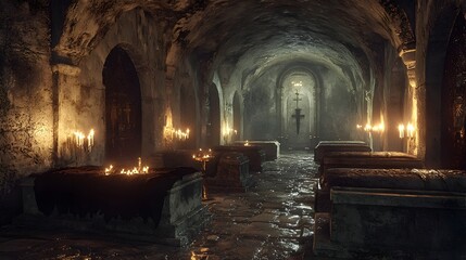 Ancient Crypt With Stone Coffins And Candlelit Ambiance In Watercolor Style