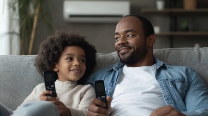 Obraz premium cool summer: Father and Child on a Sofa, the air conditioning behind them
