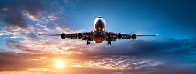 Passenger Airplane Soaring at Sunset with Vibrant Blue and Purple Clouds, Sunlight Enhancing the Atmosphere of Travel, Adventure, and Business Journeys Across Continents