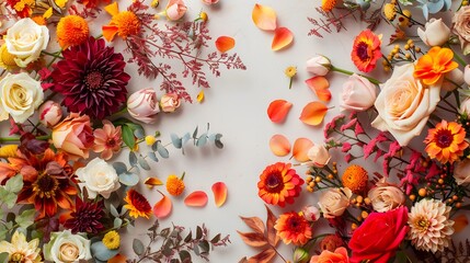Naklejka premium Autumn composition made of beautiful flowers on light backdrop. Floristic decoration. Natural floral background. 