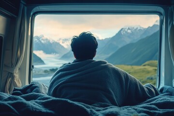 Young Asian man in camper van gazes at mountain scenery through window on South Island road trip in summer