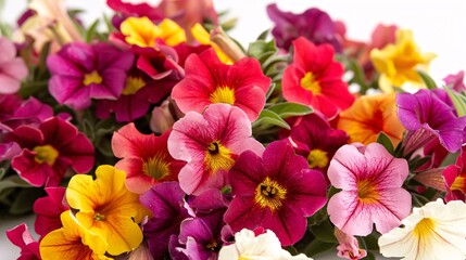 2. Close-up of a bouquet of Calibrachoa flowers in full bloom, showcasing a variety of rich colors and intricate petal patterns, isolated on white