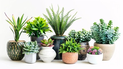 Fototapeta premium 1. Collage of various potted plants on a white background, featuring a mix of succulents, ferns, and flowering plants in stylish pots, arranged to showcase the diversity and beauty of house decor