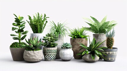 Obraz premium 1. Collage of various potted plants on a white background, featuring a mix of succulents, ferns, and flowering plants in stylish pots, arranged to showcase the diversity and beauty of house decor
