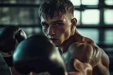 Young boxer training in gym with gloves
