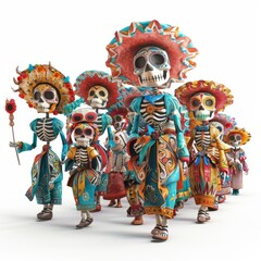 Fototapeta premium Cartoon 3D A lively Day of the Dead parade featuring people in traditional attire