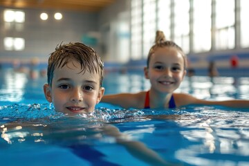Young boy and girl learn to swim together in modern pool promoting children s sports and healthy upbringing
