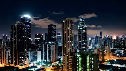 Fototapeta premium Illustration urban city skyline at night with lights of high rise buildings sparking against dark sky with blank copy space for text above