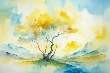 landscape with flowers and clouds, green and yellow color, river and mountains	