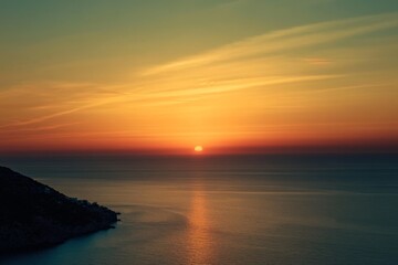 Naklejka premium Sunset Over the Sea with Orange Sky and Horizon View from Above, Serene Seascape