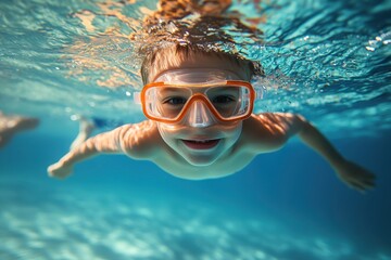 Naklejka premium Young boy in pool with goggles swimming and having fun during summer vacation