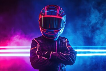 Young boy racer in gear under neon light Kart racing poster Competition alert