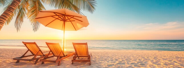 Two Beach Chairs and an Umbrella on White Sand at Tropical Seashore During Sunset, Under a Palm Tree, Wide-Format Banner with Copy Space for Vacation Concept