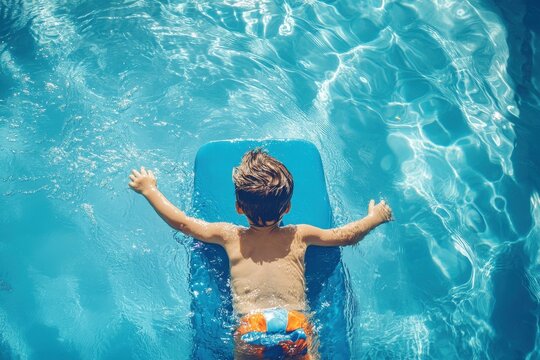 Young boy swims with a board in a pool at a resort hotel during a fun summer vacation enjoying water sports and games with a banner for copy space
