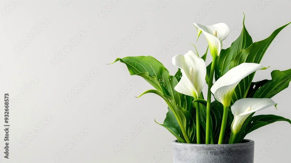 Wall mural 2. Close-up of calla lilies blooming in a stylish pot, showcasing their smooth white petals and vibrant green foliage against a white background