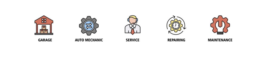 Car servicing web banner icon set vector illustration concept, infographic icon flow process which consists of repairing, maintenance, service, auto mechanic, garage icons symbol editable