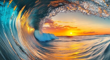 Inside a Barrel Wave at Sunset with Vibrant Colors Reflecting Off Its Surface and the Setting Sun in the Background, Capturing the Crystal-Clear Blue Water Forming a Perfect Curve