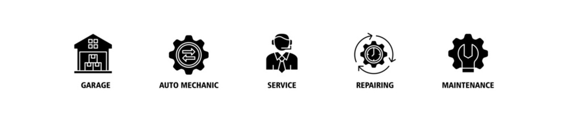 Car servicing web banner icon set vector illustration concept, infographic icon flow process which consists of repairing, maintenance, service, auto mechanic, garage icons symbol editable