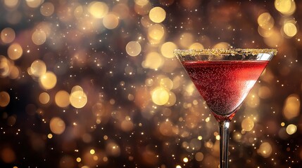 Sparkling Cocktail with Golden Rim and Festive Lights