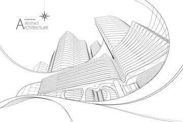 3D illustration, abstract modern urban landscape line drawing, imaginative architecture building construction perspective design.