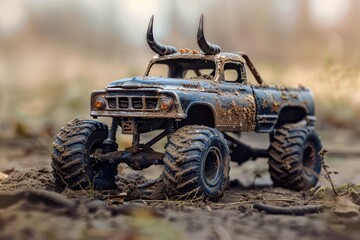 Horned toy truck covered in dust