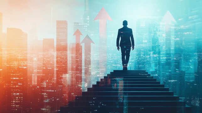 A businessman climbs a ladder against the backdrop of the city, symbolizing business growth