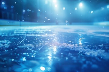 Icy winter sports arena with blurred hockey stadium background