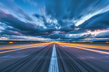Obraz premium Light trails on airport runway under cloudy sky at dusk