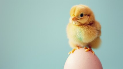 A close-up of a fluffy Easter chick perched on a pastel-colored Easter egg, set against a clean, simple background