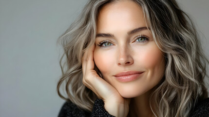 Naklejka premium A smiling woman with wavy hair resting her chin on her hand.