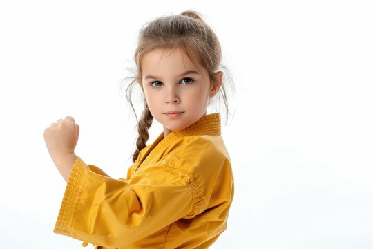Little girl training ashihara martial art portrait on white background