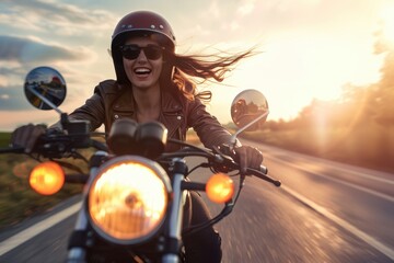 Lovely woman enjoys riding her unique cafe racer bike