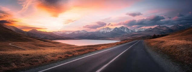 Panoramic view of a winding road leading to the horizon with mountains, a lake, and a vibrant sunset sky with clouds, offering a serene and picturesque landscape.
