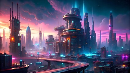 Futuristic cyberpunk design of beautiful city from the future, neon colors, science fiction, detailed scene. cyberpunk  city design concept
