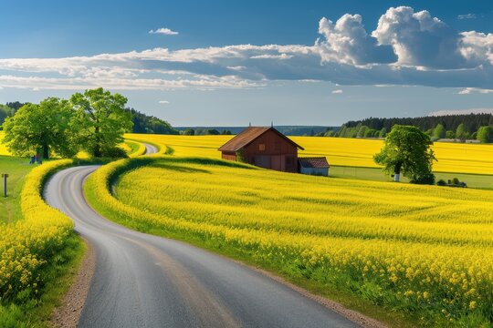 Main road through rapeseed fields in Skåne Sweden