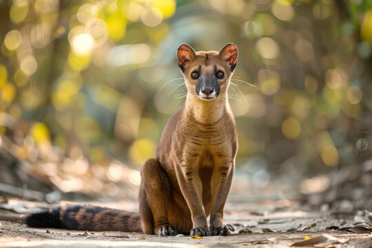 Madagascar s endemic fossa poses on a forest track looking at the camera with glossy fur and sharp claws