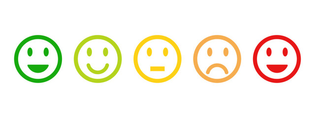  rating emojis set in different colors outline, feedback emoticons collection, very happy, happy, bad and very bad emojis, sad and very sad emojis, emoji icons