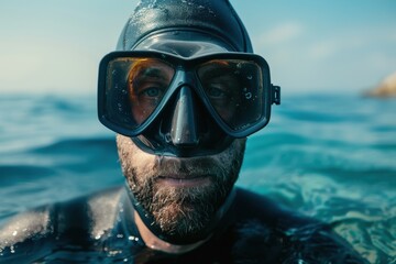 Fototapeta premium Male diver in wetsuit and mask Freediving at sea in summer