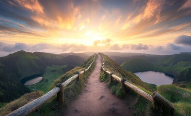 Scenic Path Leading to Schoppe, Azores, with a Stunning Sunset Sky Overlooking a Green Valley and Blue Lakes, Featuring a Rugged Wooden Guardrail and Dramatic Clouds