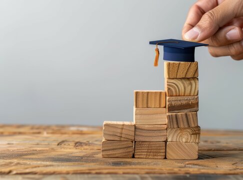 Male hand positions graduation cap on wooden block ladder symbolizing academic achievement and goals