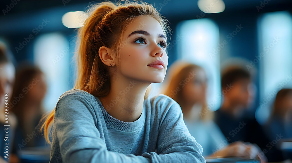 Canvas Prints A thoughtful young woman in a classroom setting.