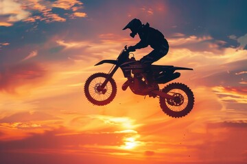 Motorcycle racer soaring through sunset sky