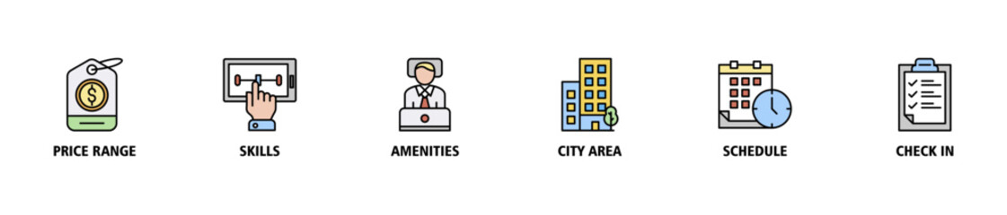 Hotel booking banner web icon set vector symbol illustration concept with icon of price range, select, amenities, city area, schedule, check in icons symbol live stroke editable