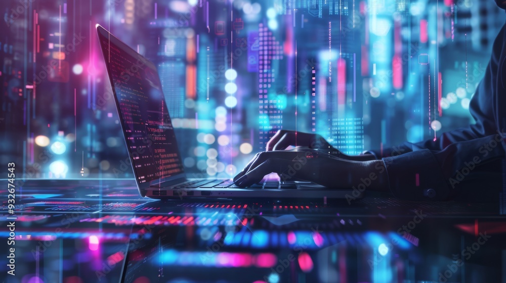 Fototapete A developer writing code on a laptop with high-tech gadgets and screens displaying data analytics in the background, representing advanced software development processes.