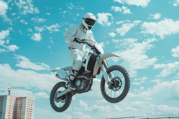 Motorcyclist in protective gear performs stunts in the air during extreme sport