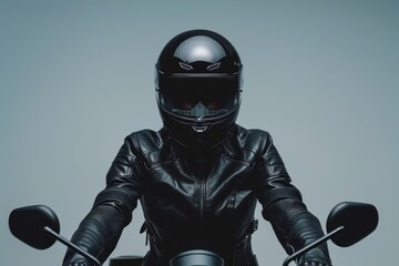 Motorcyclist in black with helmet and leather gear